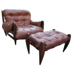 Jean Gillon Jacaranda Wood Chair and Ottoman in Leather